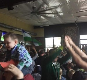 The crowd goes wild after Rodney Wallace's goal at Oakshire Brewing in Eugene. Oakshire is the sponsor for LUFC and this place is crazy for Timbers viewings! Photo by Lacey Harrison.